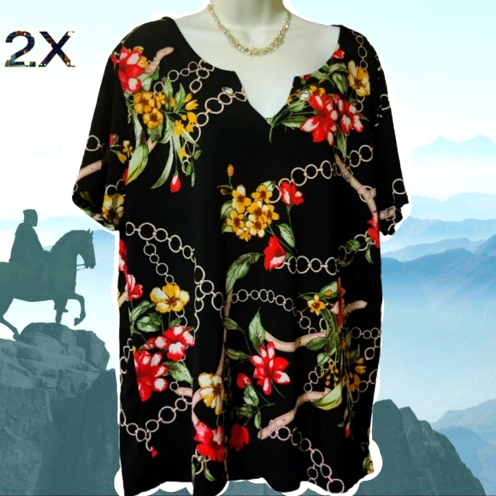 🗺️ LAVISH PLUS 2XL, Gold Baroque Chain, Floral, Equestrian Woman's Blouse EUC